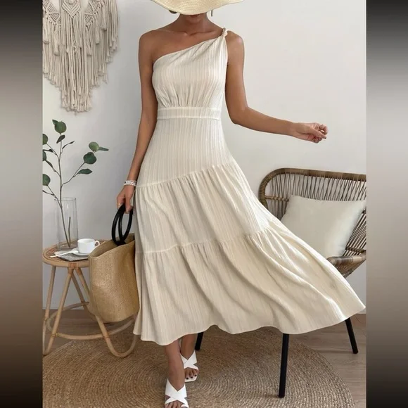 knee length dresses for ladies Lights On One-Shoulder Ruffle Hem Maxi Dress White main image 1